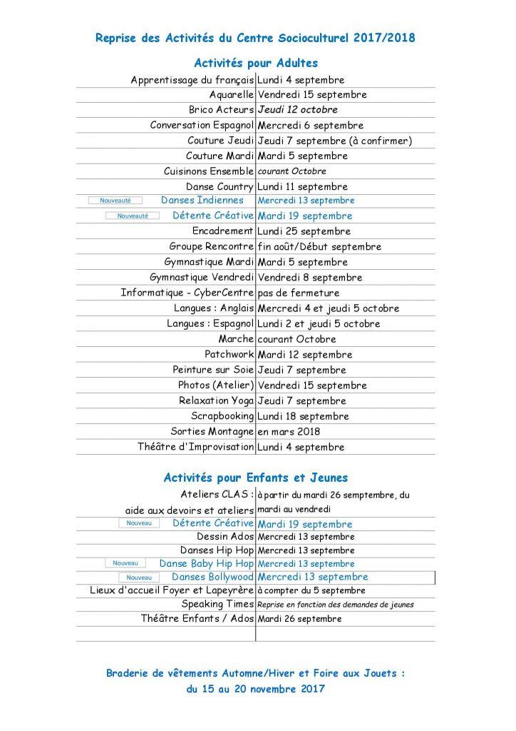 Reprise des activités sept 2017